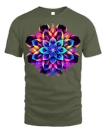 Psychedelic Mandala Flower T-Shirt Neon Chakra Energy - military green t-shirt on white background