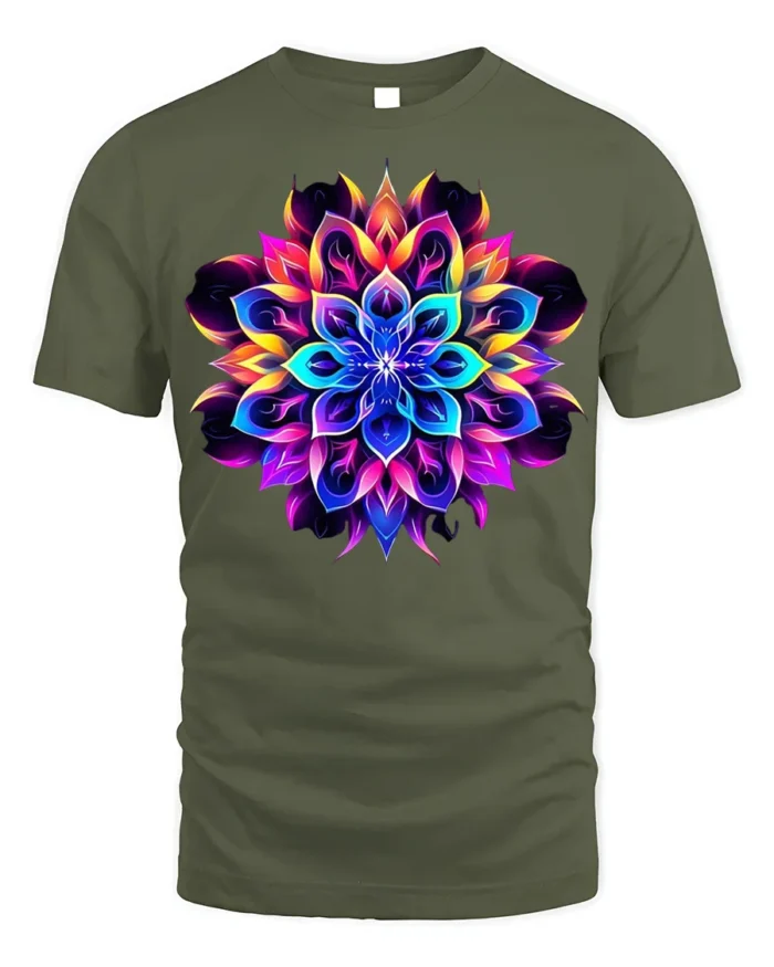 Psychedelic Mandala Flower T-Shirt Neon Chakra Energy - military green t-shirt on white background