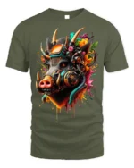 Cyber Boar T-Shirt Futuristic Tech Animal Graphic - military green t-shirt on white background