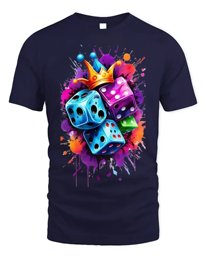 Color Dice Crown Splash Art Graphic T-Shirt for Men - navy t-shirt on white background