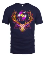 Neon Deer Head T-Shirt with Vinyl Record and Antlers Art - navy t-shirt on white background