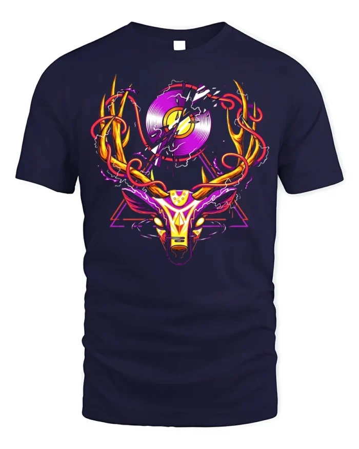 Neon Deer Head T-Shirt with Vinyl Record and Antlers Art - navy t-shirt on white background