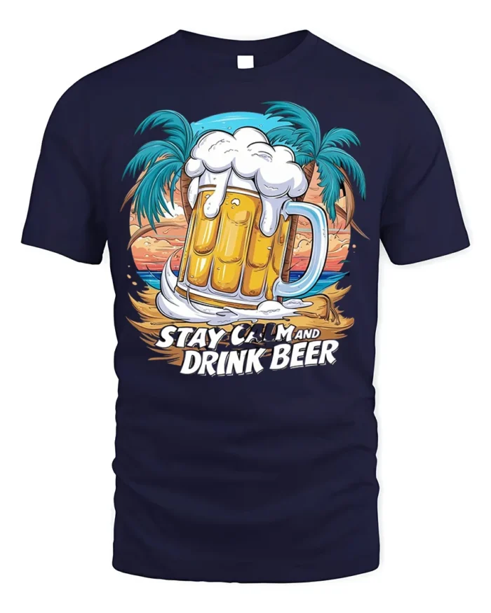 Stay Calm and Drink Beer T-Shirt Funny Beach Bar - navy t-shirt on white background