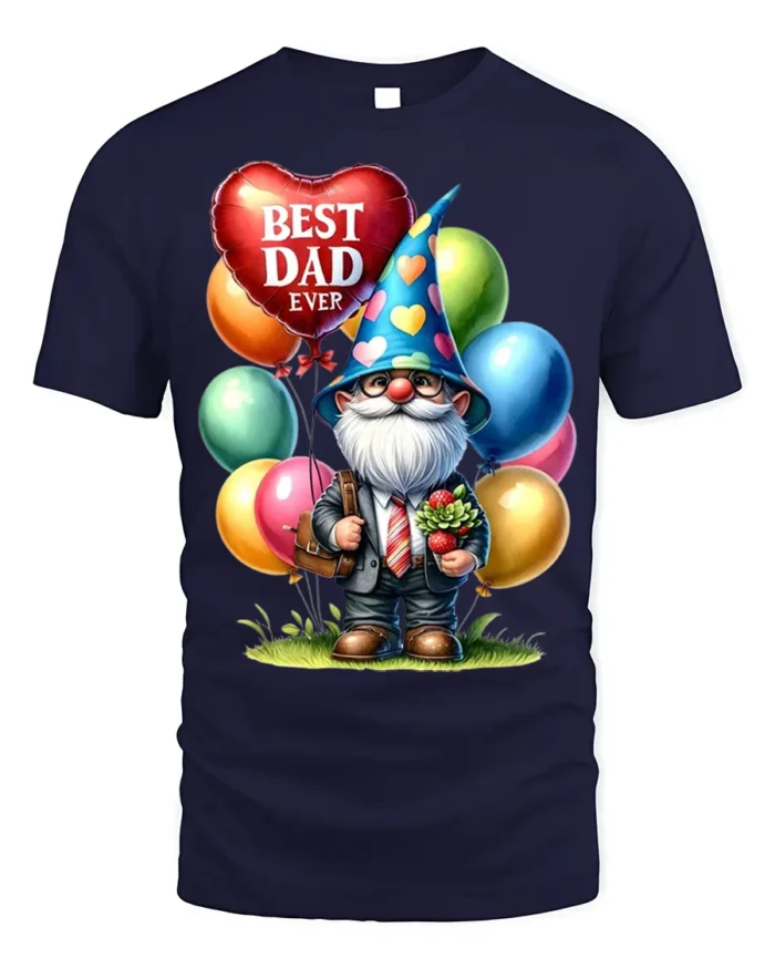 Best Dad Ever T-Shirt with Gnome and Balloon Gift Art - navy t-shirt on white background