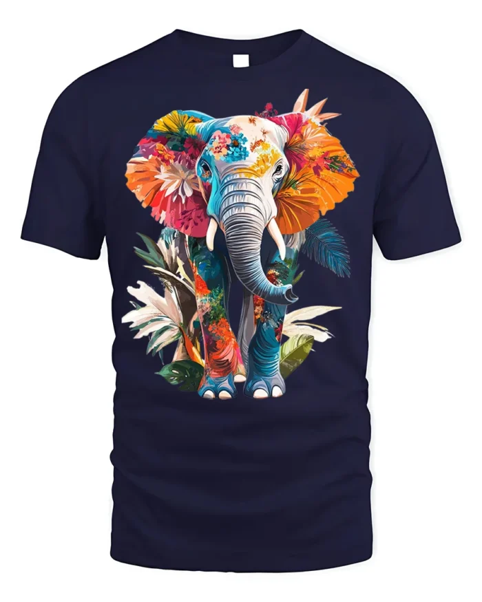 Colorful Elephant T-Shirt Tropical Floral Animal Design - navy t-shirt on white background