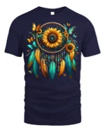 Sunflower Dreamcatcher T-Shirt with Feathers and Butterflies - navy t-shirt on white background