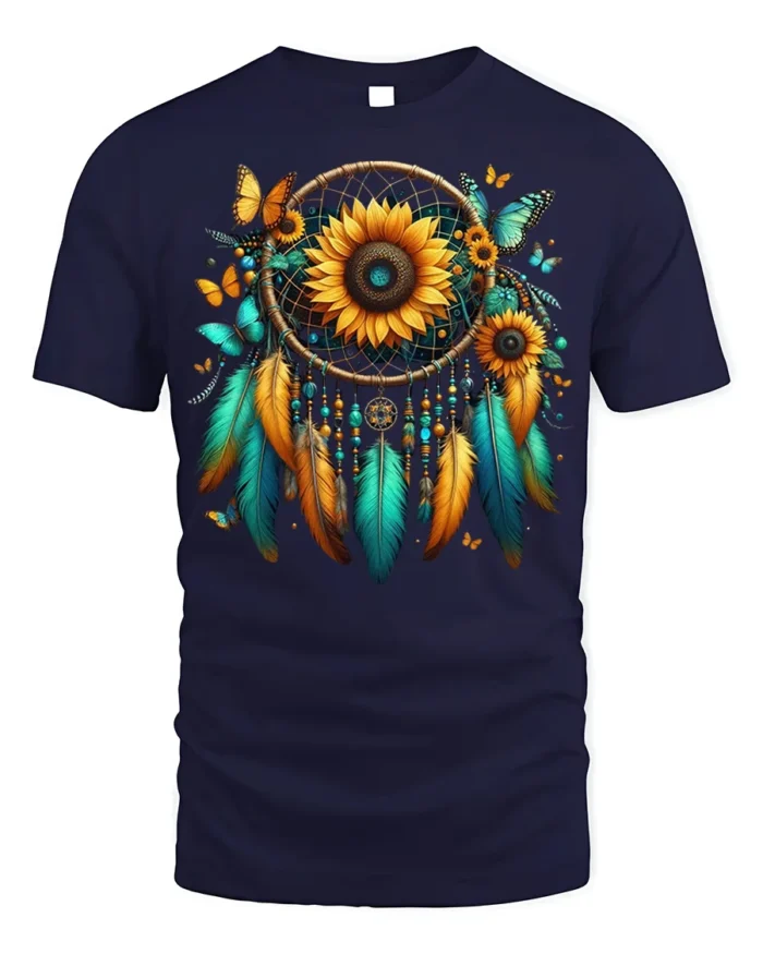 Sunflower Dreamcatcher T-Shirt with Feathers and Butterflies - navy t-shirt on white background
