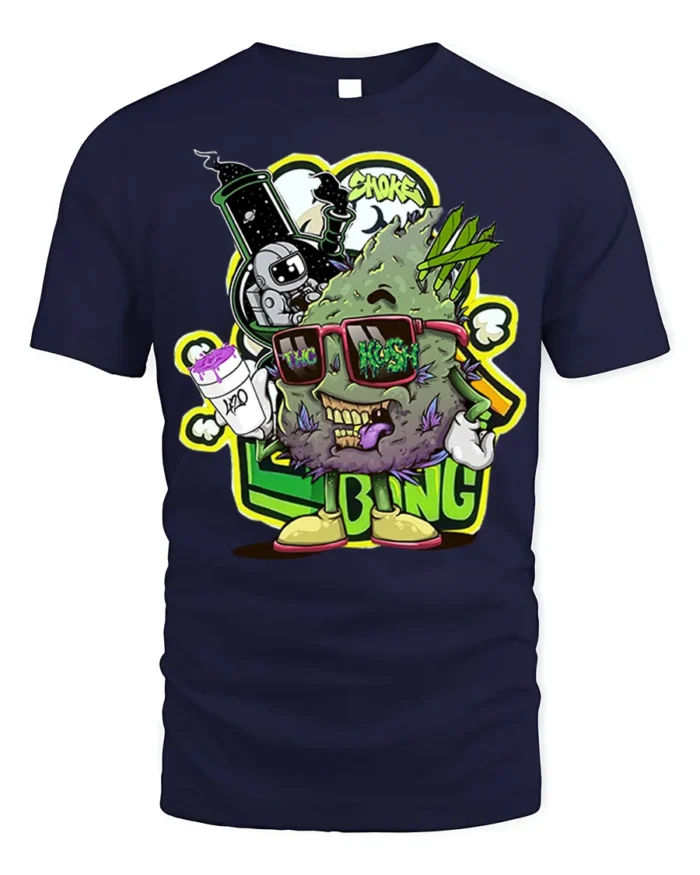 Trippy Weed Cartoon T-Shirt Vibes Stoner Graphic - navy t-shirt on white background