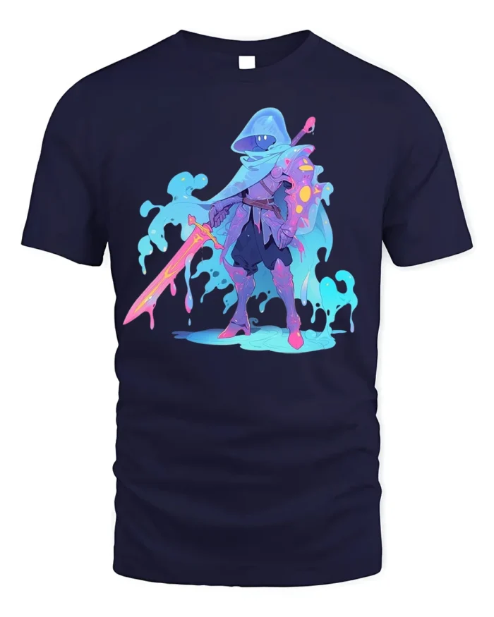 Neon Liquid Knight T-Shirt Fantasy Warrior Graphic - navy t-shirt on white background