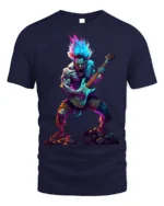 Neon Rock Monster T-Shirt Electric Guitar Graphic - navy t-shirt on white background