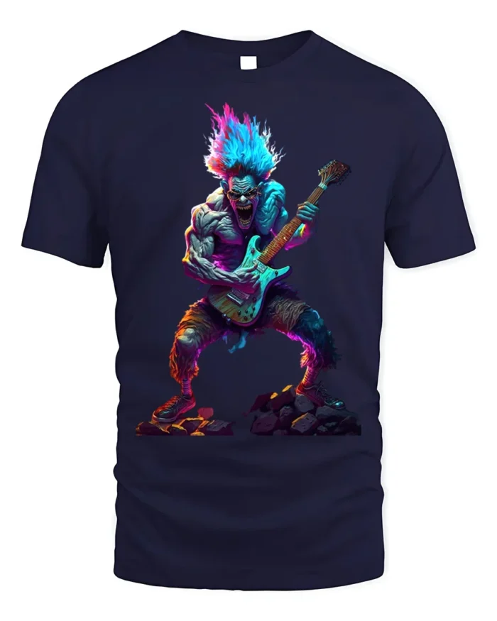 Neon Rock Monster T-Shirt Electric Guitar Graphic - navy t-shirt on white background