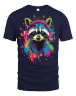 Colorful Raccoon Headphones T-Shirt Music Vibe - navy t-shirt on white background