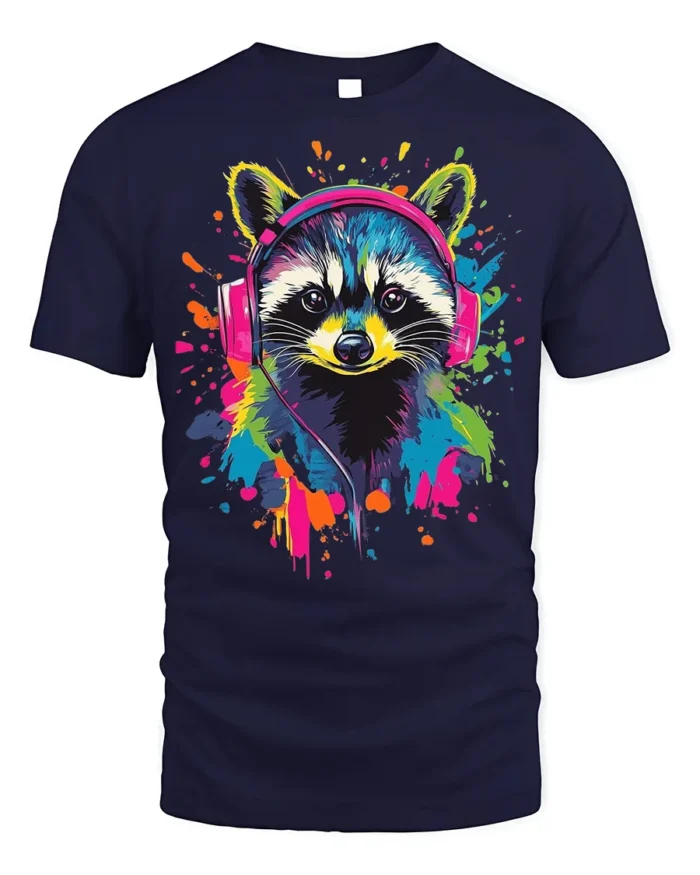 Colorful Raccoon Headphones T-Shirt  Music Vibe - navy t-shirt on white background