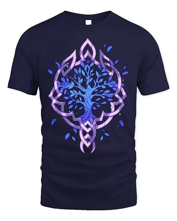 Celtic Tree of Life T-Shirt Blue Mystic Nature Design - navy t-shirt on white background