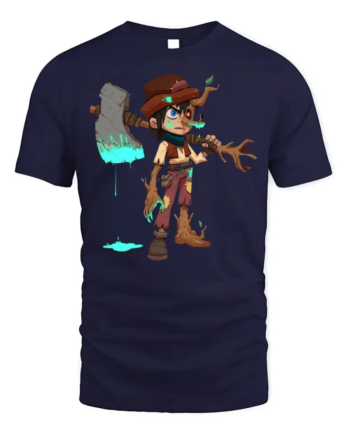 Tree Warrior Boy T-Shirt Fantasy Axe Character Graphic - navy t-shirt on white background
