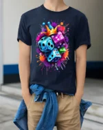 Color Dice Crown Splash Art Graphic T-Shirt for Men - model wearing navy shirt, hands in pockets