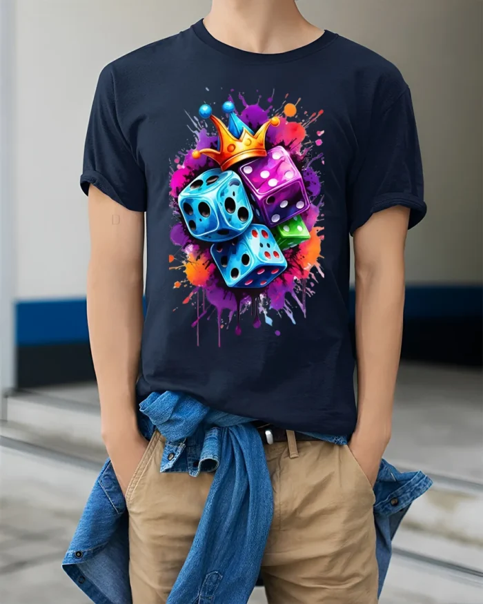 Color Dice Crown Splash Art Graphic T-Shirt for Men - model wearing navy shirt, hands in pockets