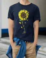 You Are My Sunshine Unicorn Sunflower T-Shirt Gift - model wearing navy shirt, hands in pockets