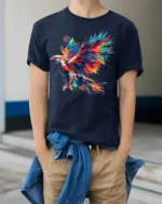 Colorful Eagle Explosion Art Graphic T-Shirt - model wearing navy shirt, hands in pockets