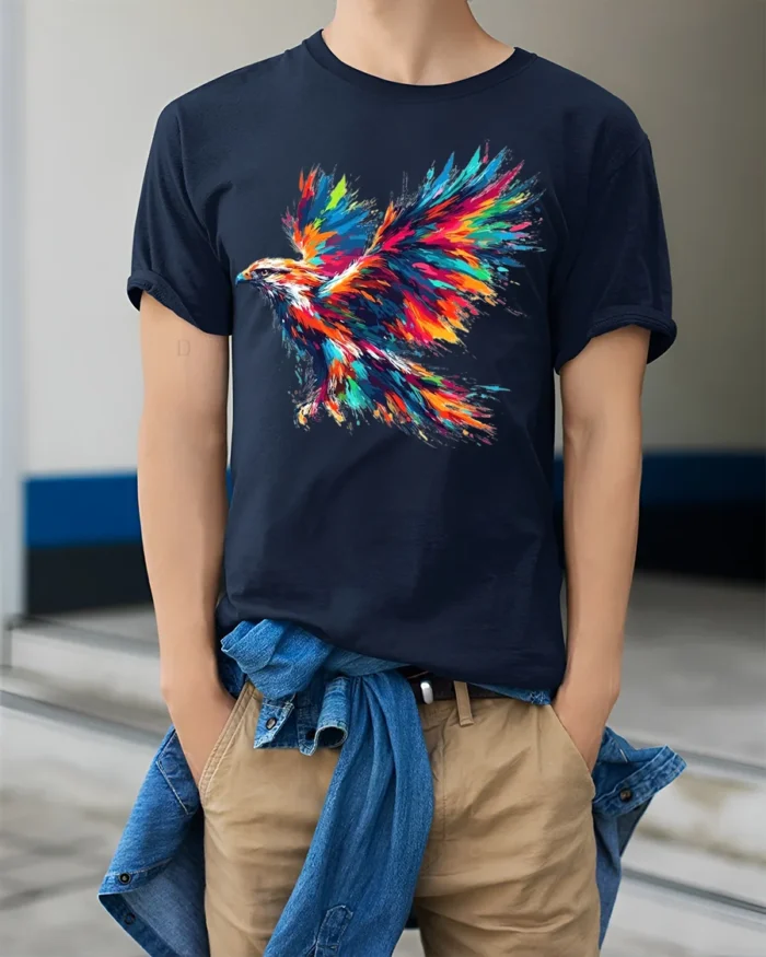 Colorful Eagle Explosion Art Graphic T-Shirt - model wearing navy shirt, hands in pockets