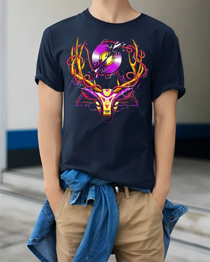 Neon Deer Head T-Shirt with Vinyl Record and Antlers Art - model wearing navy shirt, hands in pockets