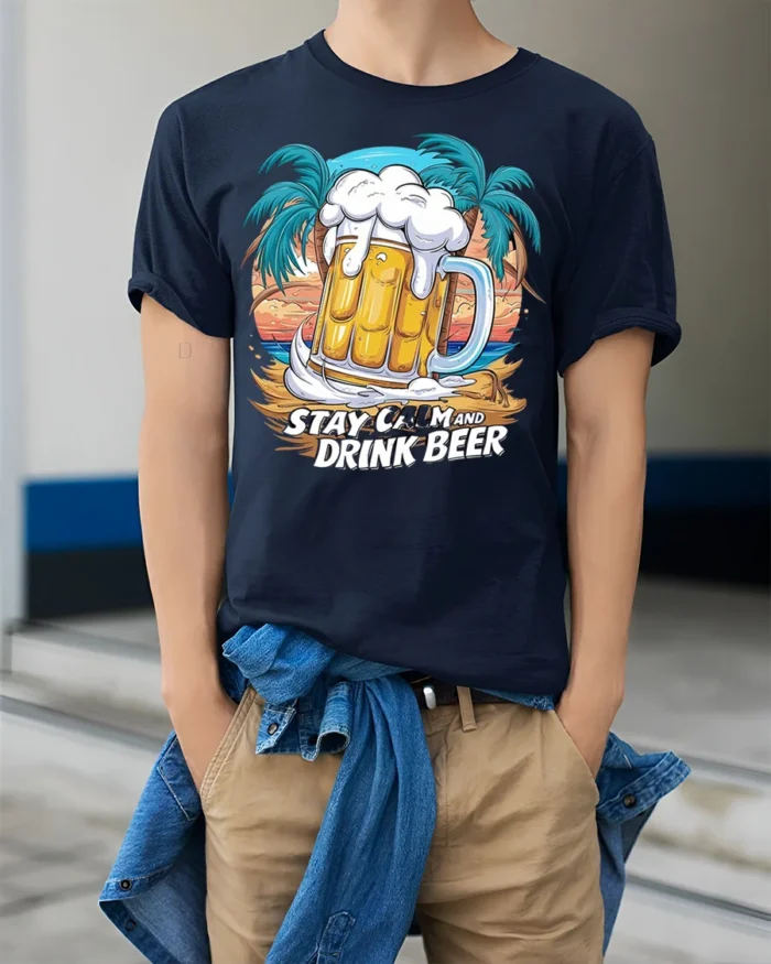 Stay Calm and Drink Beer T-Shirt Funny Beach Bar - model wearing navy shirt, hands in pockets