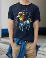 Sagittarius Zodiac T-Shirt Cool Centaur Constellation - model wearing navy shirt, hands in pockets