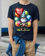 Best Dad Ever T-Shirt with Gnome and Balloon Gift Art - model wearing navy shirt, hands in pockets