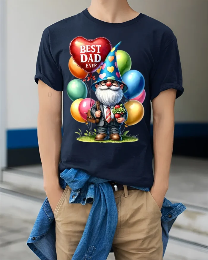 Best Dad Ever T-Shirt with Gnome and Balloon Gift Art - model wearing navy shirt, hands in pockets