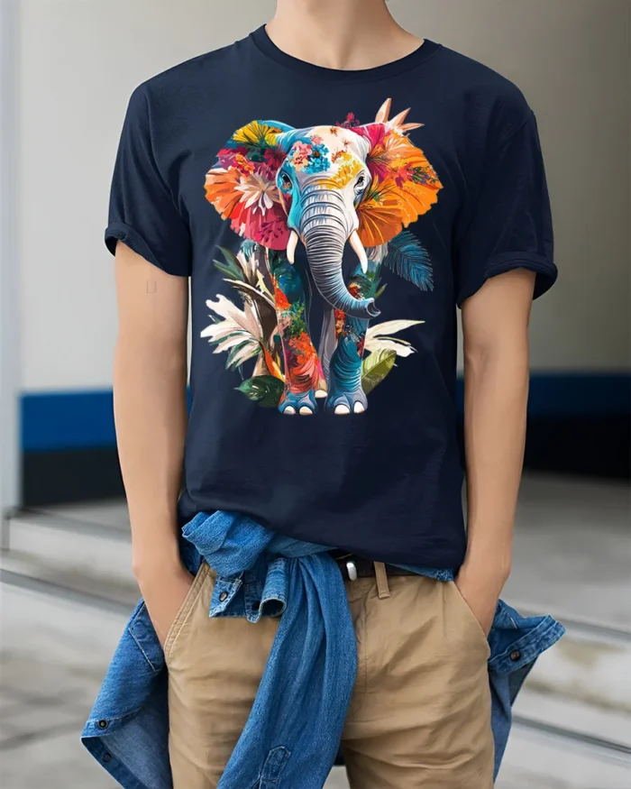 Colorful Elephant T-Shirt Tropical Floral Animal Design - model wearing navy shirt, hands in pockets