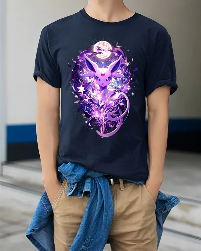 Mystic Purple Fox T-Shirt Celestial Moonlight Design - model wearing navy shirt, hands in pockets
