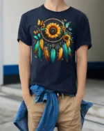 Sunflower Dreamcatcher T-Shirt with Feathers and Butterflies - model wearing navy shirt, hands in pockets