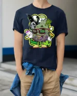 Trippy Weed Cartoon T-Shirt Vibes Stoner Graphic - model wearing navy shirt, hands in pockets