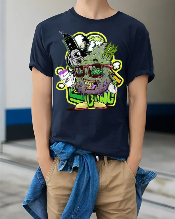 Trippy Weed Cartoon T-Shirt Vibes Stoner Graphic - model wearing navy shirt, hands in pockets