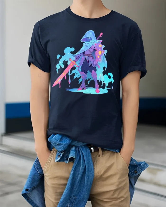 Neon Liquid Knight T-Shirt Fantasy Warrior Graphic - model wearing navy shirt, hands in pockets