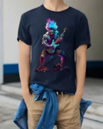 Neon Rock Monster T-Shirt Electric Guitar Graphic - model wearing navy shirt, hands in pockets