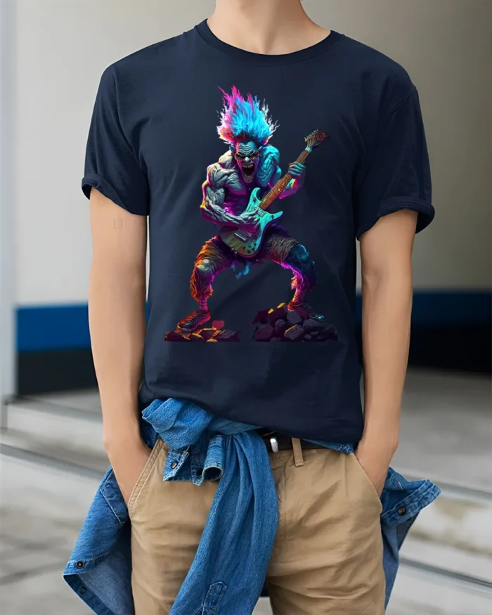 Neon Rock Monster T-Shirt Electric Guitar Graphic - model wearing navy shirt, hands in pockets