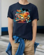 Funny Beach T-Shirt Nobody Likes a Shady Beach - model wearing navy shirt, hands in pockets