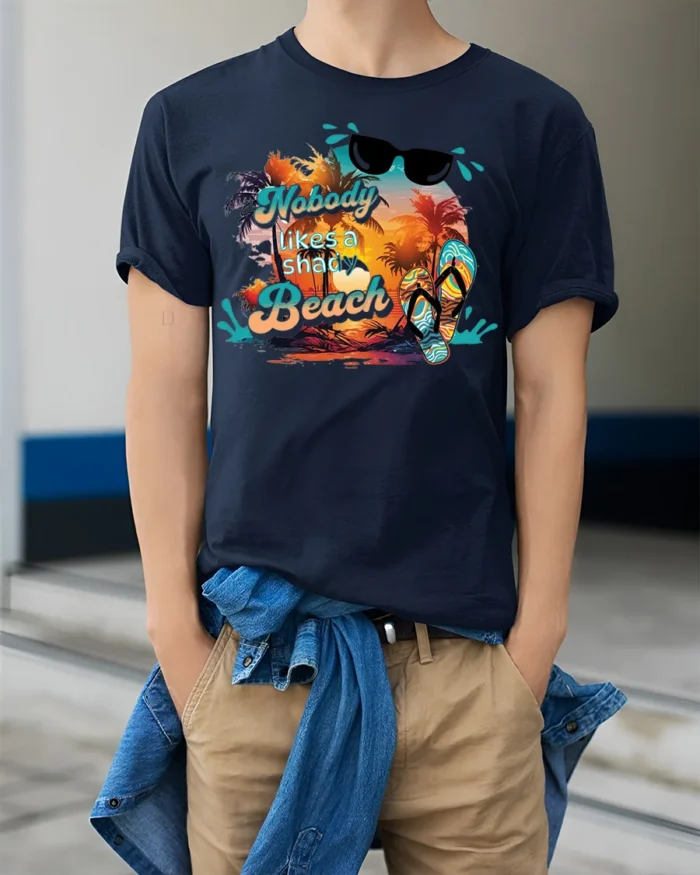 Funny Beach T-Shirt Nobody Likes a Shady Beach - model wearing navy shirt, hands in pockets