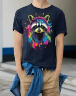 Colorful Raccoon Headphones T-Shirt Music Vibe - model wearing navy shirt, hands in pockets