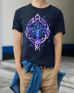 Celtic Tree of Life T-Shirt Blue Mystic Nature Design - model wearing navy shirt, hands in pockets