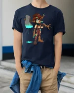 Tree Warrior Boy T-Shirt Fantasy Axe Character Graphic - model wearing navy shirt, hands in pockets