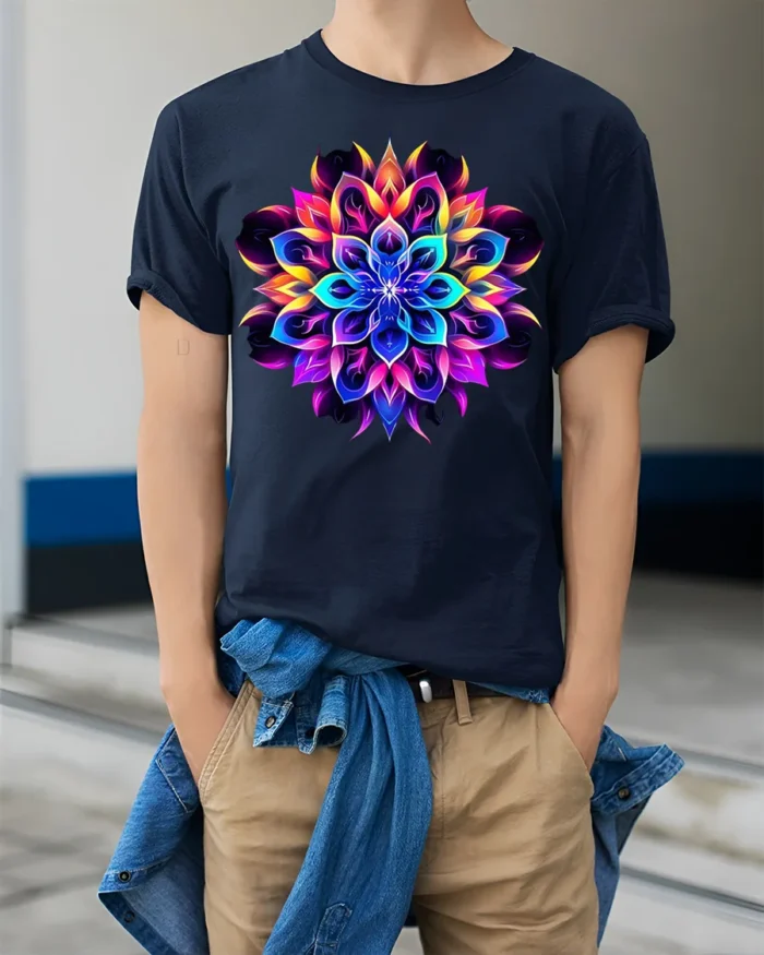 Psychedelic Mandala Flower T-Shirt Neon Chakra Energy - model wearing navy shirt, hands in pockets