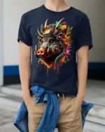 Cyber Boar T-Shirt Futuristic Tech Animal Graphic - model wearing navy shirt, hands in pockets