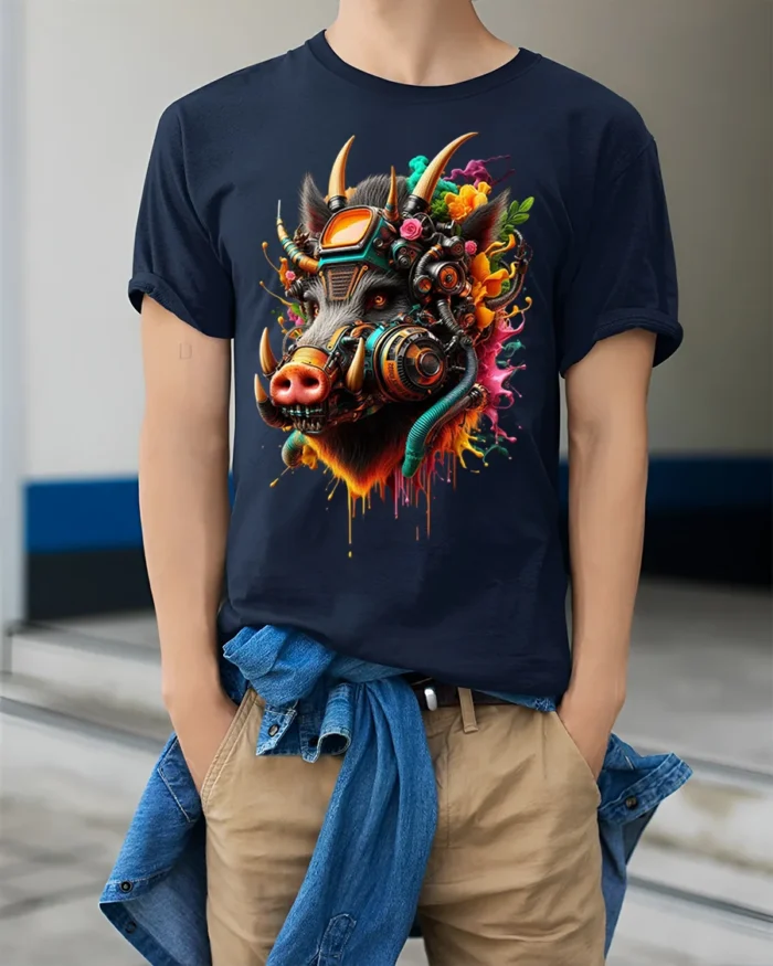 Cyber Boar T-Shirt Futuristic Tech Animal Graphic - model wearing navy shirt, hands in pockets