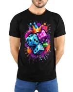 Color Dice Crown Splash Art Graphic T-Shirt for Men - model wearing black shirt, hands behind back