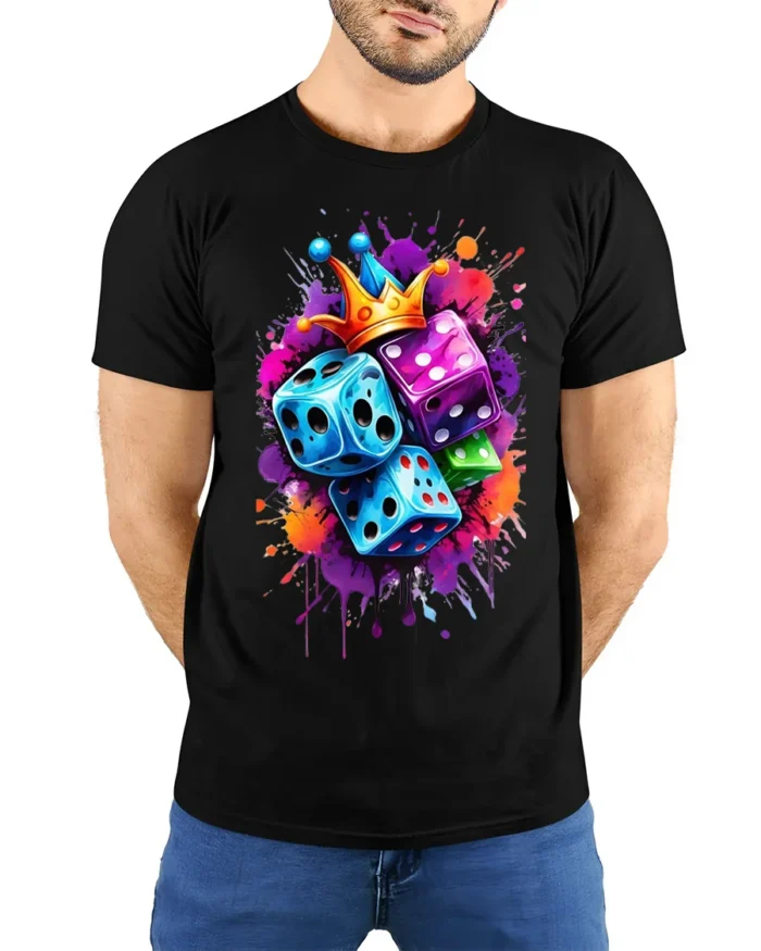 Color Dice Crown Splash Art Graphic T-Shirt for Men - model wearing black shirt, hands behind back