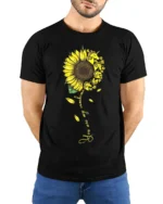You Are My Sunshine Unicorn Sunflower T-Shirt Gift - model wearing black shirt, hands behind back