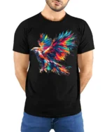 Colorful Eagle Explosion Art Graphic T-Shirt - model wearing black shirt, hands behind back