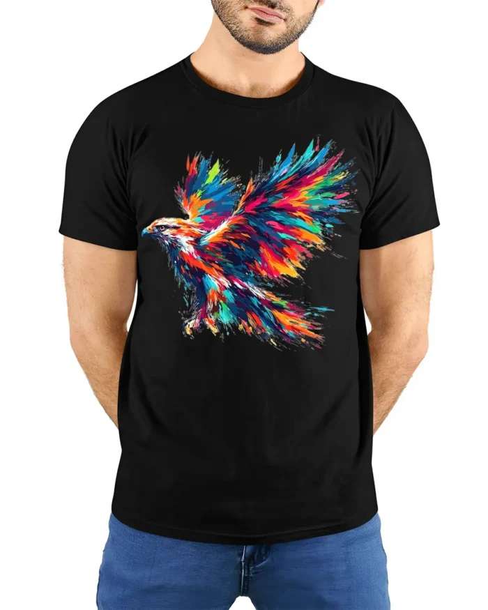 Colorful Eagle Explosion Art Graphic T-Shirt - model wearing black shirt, hands behind back
